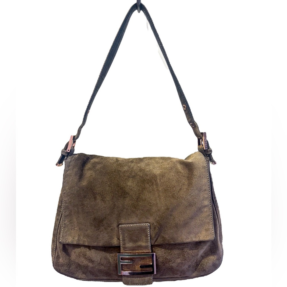 Fendi Mama Forever Cacao /Olive Suede Shoulder Baguette w/ Rose Gold hardware